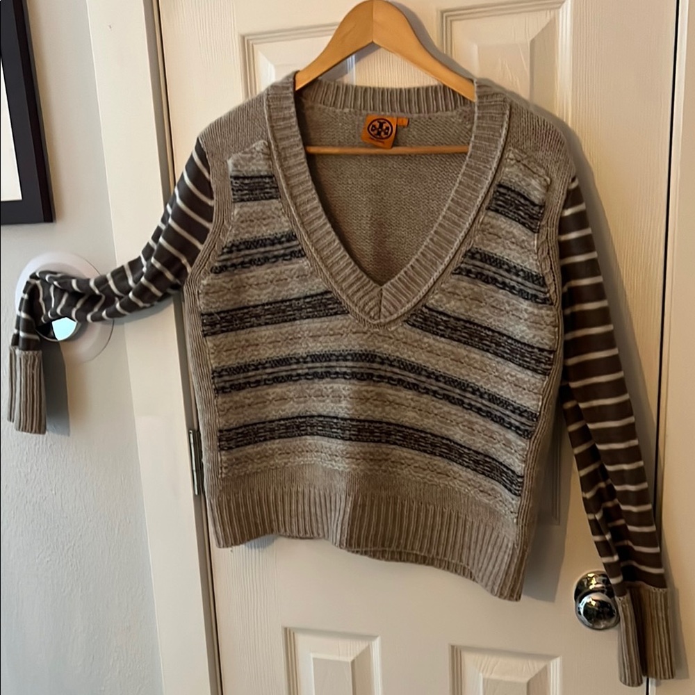 Tory Burch Brown, multicolored strip V-Neck Sweater